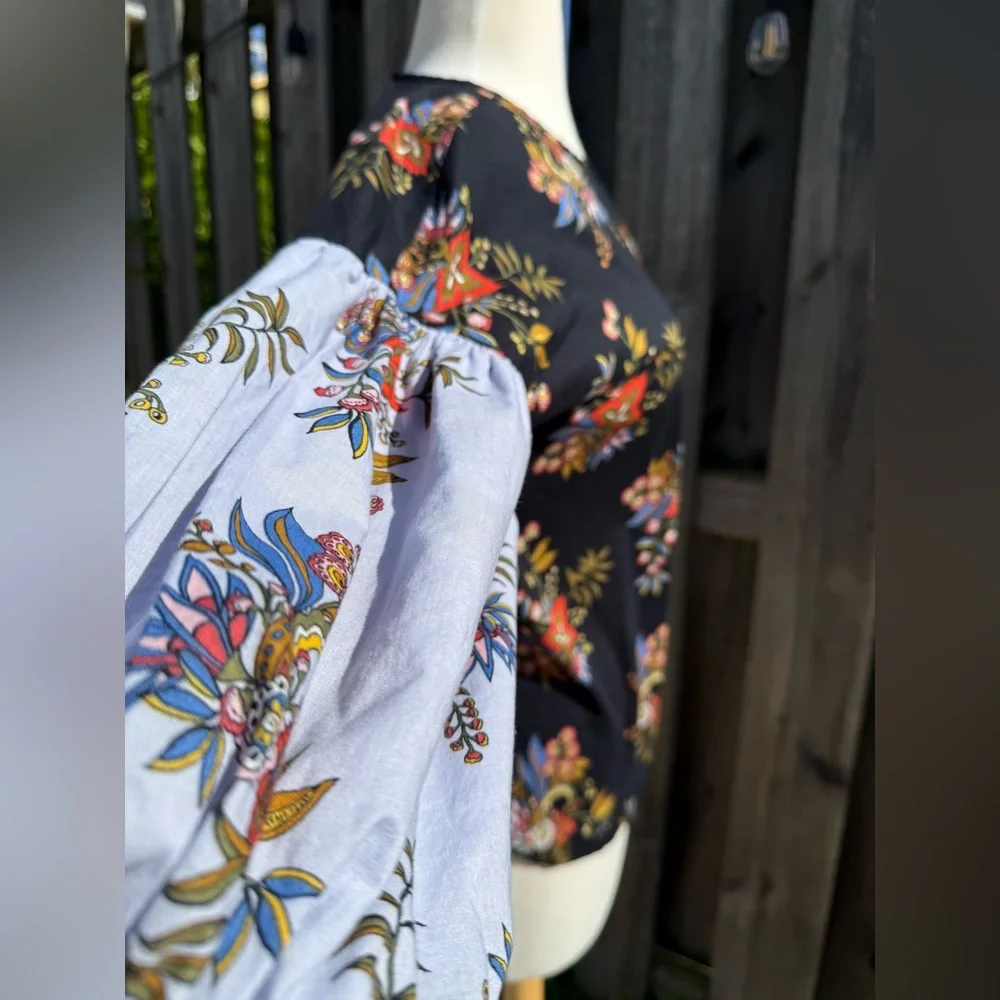 LOFT Black Floral Boho Balloon Sleeve Cotton Blouse XS Cottagecore Romantic